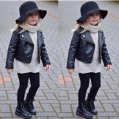 Toddler Baby Girls Black Faux Leather Warm Biker Jacket Coat Windproof Outwear Q • £18.99