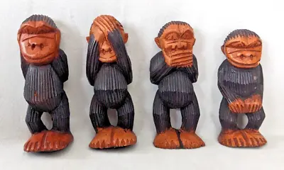 Vintage Ebony Wood Carved Wise Monkey Statute Figures 7  Set Of 4 No Evil • $38