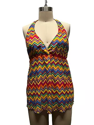 Prego Maternity Tankini Swimsuit Top SZ L Bright Colored Chevron Print Halter • $9.99