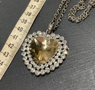 Heart Necklace Vintage Estate Jewellery Silver Faux Topaz Diamond Pendant #08 • $24