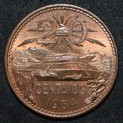 1954 United States Of Mexico 20 Centavos Bronze - Unc RB Toned - KM#439 • $14.99