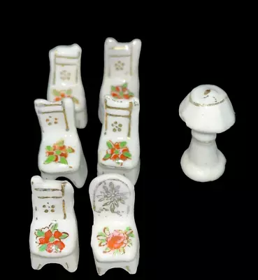 Vintage Porcelain Ceramic Mini Doll House Furniture Piano & 6 Chairs Lamp Japan • $25