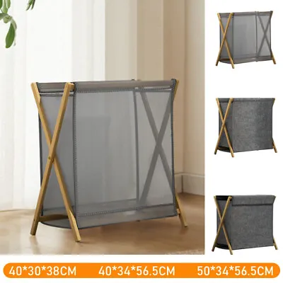 Mesh/Fabric Folding Bamboo X-Frame Laundry Basket Hamper Clothes Bin Organiser • £13.95