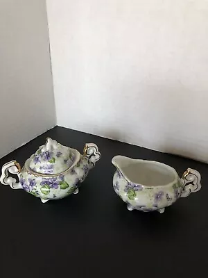 Vintage Lefton China Violet Chintz Miniature Sugar With Lid And Creamer Set  • $14.60