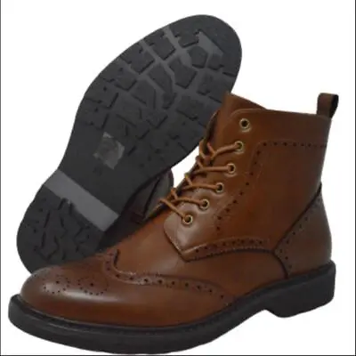 Mens Leather Chelsea Brogues Boots Smart Lace Up Wingtip Formal Wedding Shoes • £24.40