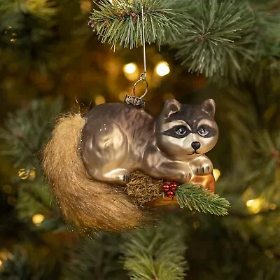 Ragon House Glass Raccoon Faux Fur Forest Tail Animal Ornament Christmas Decor • $15.95