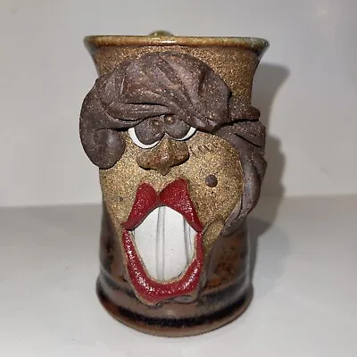 Vtg Mahon Stoneware Mug Artist Signed 3D Ugly Funny Face Lady Red Lips Coffee • $19.99