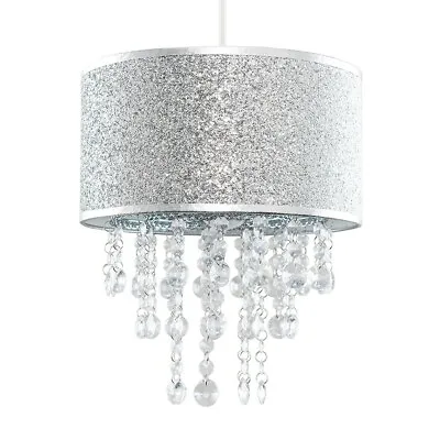 Easy Fit Ceiling Light Shade Glitter Drum Lampshade Jewels Droplets LED Bulb • £24.99