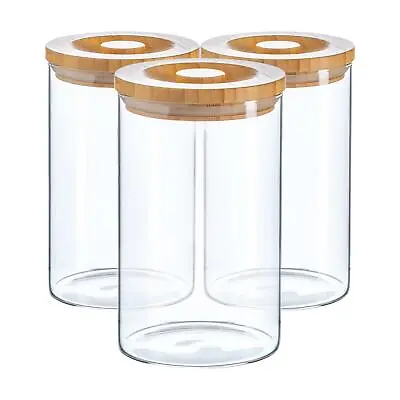 £11.98 • Buy 3pc Glass Jar With Wooden Lid Storage Container Airtight 1020ml