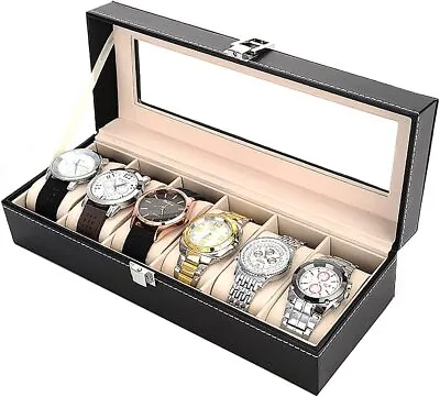 6 Slot Leather Watch Box Display Case Organizer Glass Jewelry Storage Black Men • $17.99