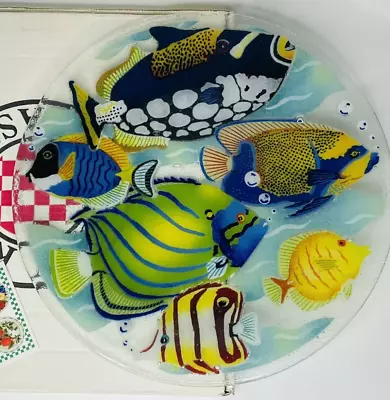 PEGGY KARR Fused Glass CORAL REEF TROPICAL FISH Round 15.5   Platter PLATE BOX • $109.95