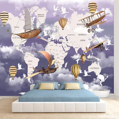 Peel And Stick Cartoon Purple World Map Kids Sky Wallpaper For Bedroom Stickers • $9.50