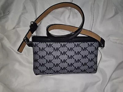 Michael Kors Belt Bag Blue Gray Logo Printed Leather Zip Top Fanny Pack Pouch • $40