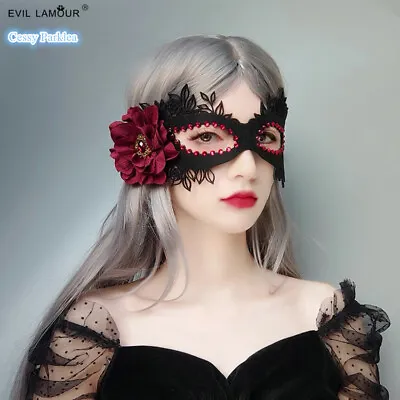 SN-B1-4 Black Lace Day Of The Dead Eye Mask Red Rose Masquerade Costume Mask • $12.35