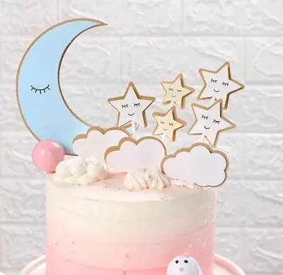 9pcs Blue Moon Twinkle Star Cloud Cake Topper Boy Baby Shower Toppers Birthday • $9.95