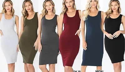 New Contemporary Premium Cotton Solid Bodycon Midi Sleeveless Tank Dress 4277 • $15.99