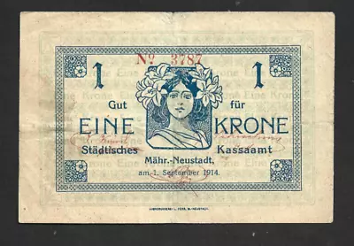 1 Krone Vf  Banknote From Austrian Empire/bohemia/mahr-neustadt  1914  Rare • $28