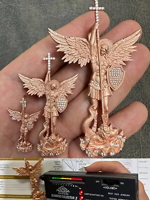 Real MOISSANITE Saint Michael & Dragon Pendant 14k Rose Gold Plated 925 Silver • $45.22