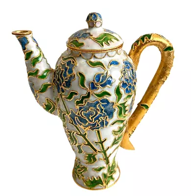 Cloisonné Miniature White 5  Tea Coffee Pot With Blue & Green Floral Pattern • $9.95