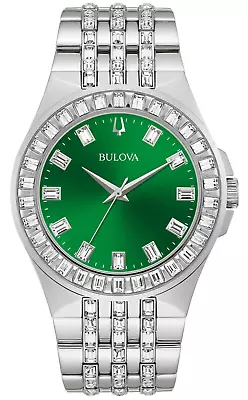 Bulova Men's Quartz Crystal Accents Green Dial Silver Tone Watch 42mm 96A253 • $220.99