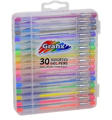 30 Grafix Kids Gel Pens Set Assorted Glitter Metallic Pastel Neon + Plastic Case • £9.95