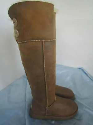   Ugg Over The Knee Bailey Button Bomber Jacket Chestnut Boots Sz 5 • $420