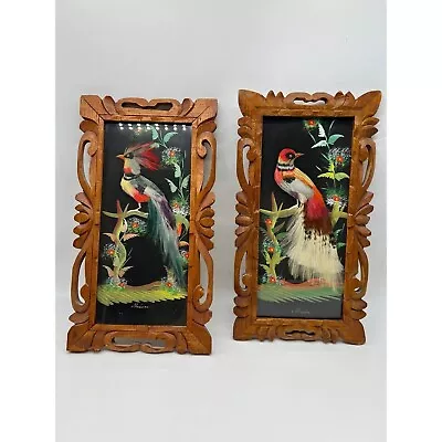 2 Vtg Mexican Folk Art Feathercraft Bird Feather Picture Wood Frame • $24.99