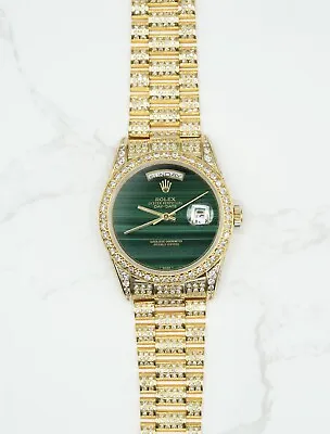 Gents 18ct Yellow Gold Rolex Day-Date 36 Fully Loaded Diamond Malachite Dial • £15495