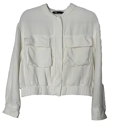 Zara Womens White Linen Blend Pocketed Bomber Jacket Size L Blogger Favorite • $35