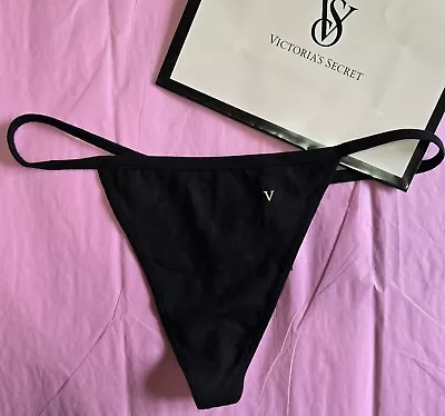 Victoria's Secret Soft Black  V  Logo Cotton Modal V-String Panties M NWT • $9.99
