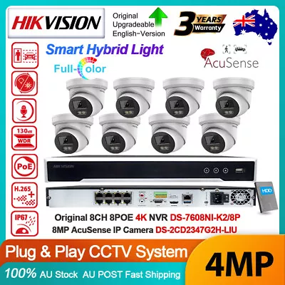 Hikvision 8CH Smart Hybrid Light ColorVu Acusense CCTV Camera System 4MP Mic Lot • $123.50