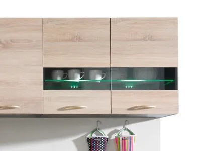 800mm Kitchen Wall Unit Sonoma Oak Cabinet Glass Display Shelf LED Light Junona • £149.95