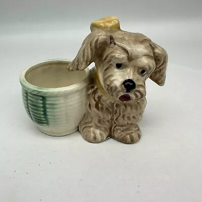 Vintage Ceramic 4  Brown Puppy Dog W/ Bow And Basket Made In Japan • $44.44