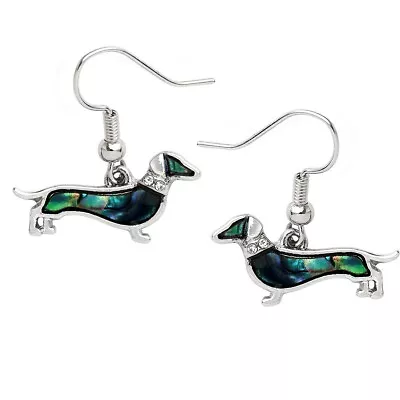 DACHSHUND-Abalone Green Shell Dangling Earrings-  3/4 Inches Wide • $14