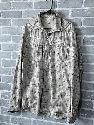 Arei Mens Large Tan Plaid Long Roll Tab Sleeve Button Up Fishing Shirt • $12.95