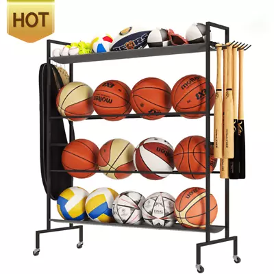 Basketball RackBall Storage Stand4 Tier Balls Organizer With Holder & Hooks • $34.56