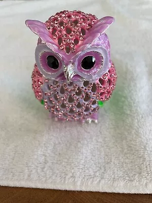 Owl Pink Hand Painted Bejeweled Hinged Trinket Jewelry Box • $18