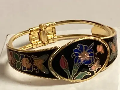 $9.95 • Buy Vintage Cloisonne Multi-Color Flower Butterfly Clamper Hinge Cuff Bracelet