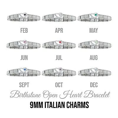 £9.99 • Buy Open Heart Birthstone Bracelet 9mm Italian Charms - Fits Classic Italian Charms