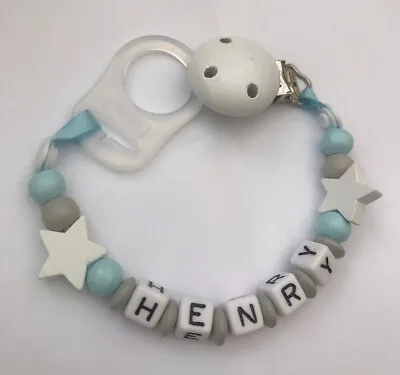 Personalised Baby Dummy Soother Wooden Clip Strap Shower Grey FREE MAM ADAPTER • £5.50