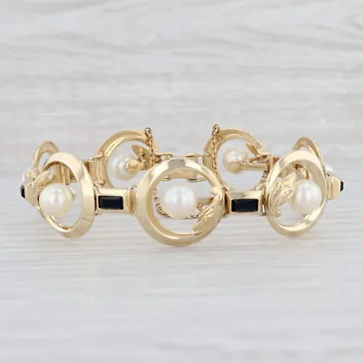 Mikimoto Cultured Pearl Black Glass Circle Link Statement Bracelet 14k Gold 6.5  • $1399.99