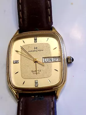 Vintage Goldtone Hamilton Quartz Swiss Watch 9254 Diamonds & Day/date • $99