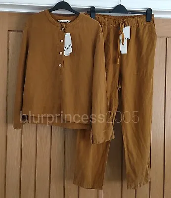 ZARA CO ORD Top Trousers Caramel Linen Blend Slouch & Buttoned Shirt XS M L Set • £49.99