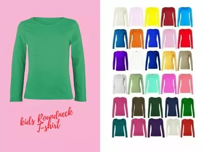 Kids Girls Plain Basic Long Sleeve Round Neck T-shirt Stretch School Tee Top • £6.49