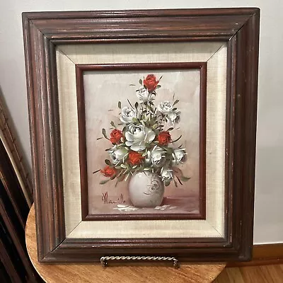 Artist Signed Vintage Painting On Canvas “ Red And White Roses  Still Life Frame • $75