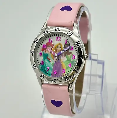 Girl's DISNEY Princess Time Teacher Silver & Pink Analog Learning Watch Leather • $17.99