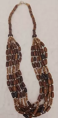 Vintage Wooden Bead Necklace Multi-Strand Brown Shades W/Silver Tone Beads  22 L • $25