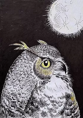 Original Not A Print ACEO Mixed Media Miniature Signed. The Owl And Moon • £4.99