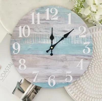 $32.90 • Buy Clock Wall Beach Hamptons Coastal Blue Grey White Wood Look Home Decor 34cm D