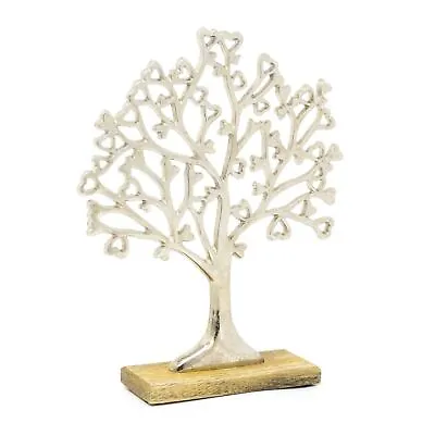 Medium Elegant Silver Metal Tree Of Love Ornament On Mango Wood Base - 34cm • £20.99